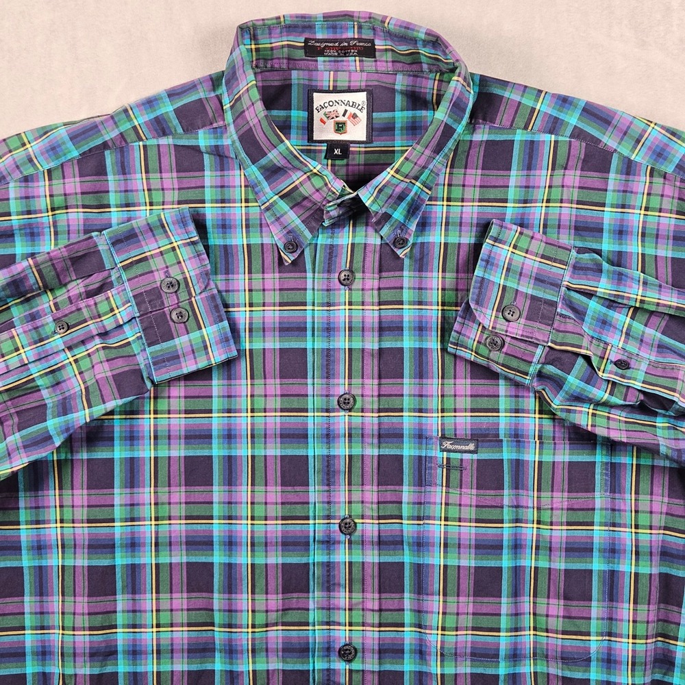 Vintage Faconnable Shirt Mens XL Purple Green Plaid Button Down Made In USA